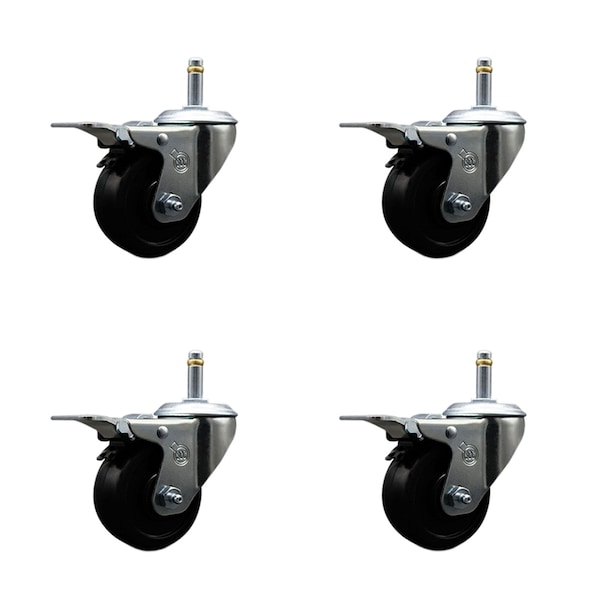 3'' Soft Rubber Wheel Swivel 7/16'' Stem Caster Set with Total Lock Brake, 4PK